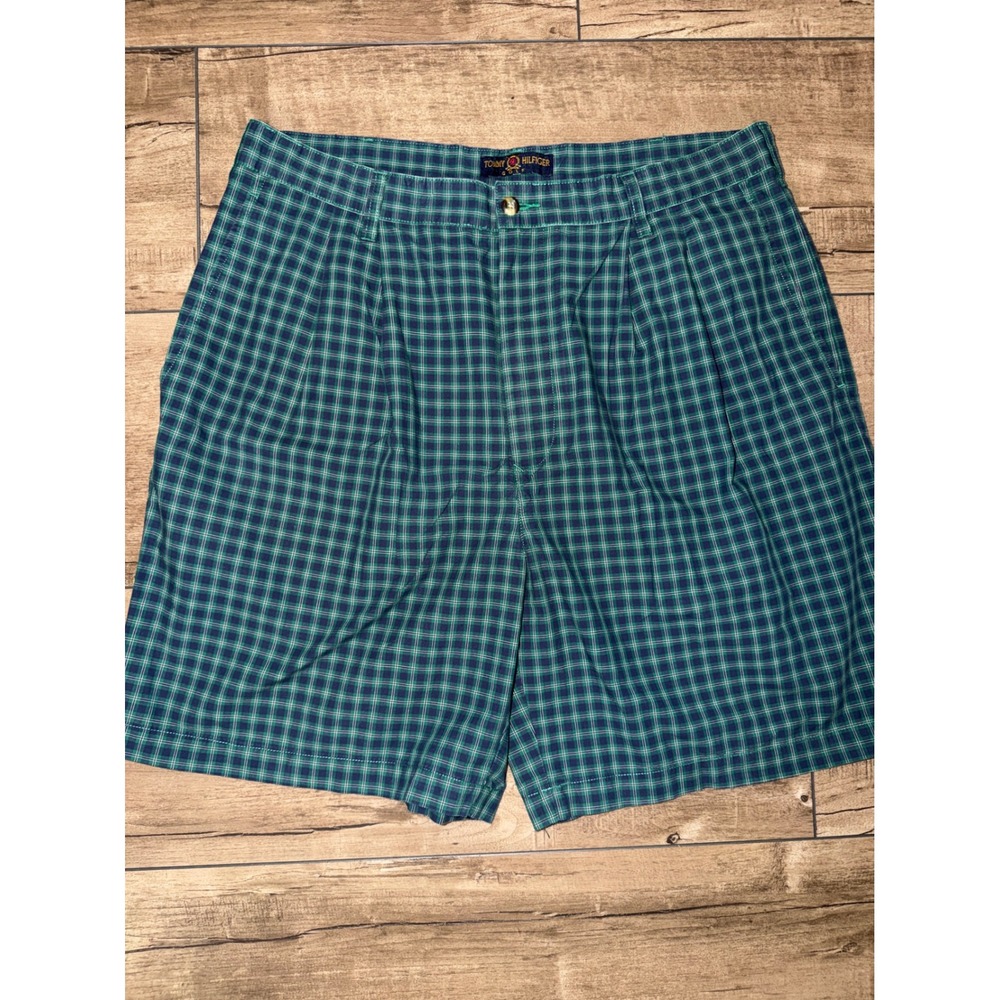 Tommy Hilfiger Golf Mens 36 Green Navy Blue Plaid Pleated Cotton Shorts
